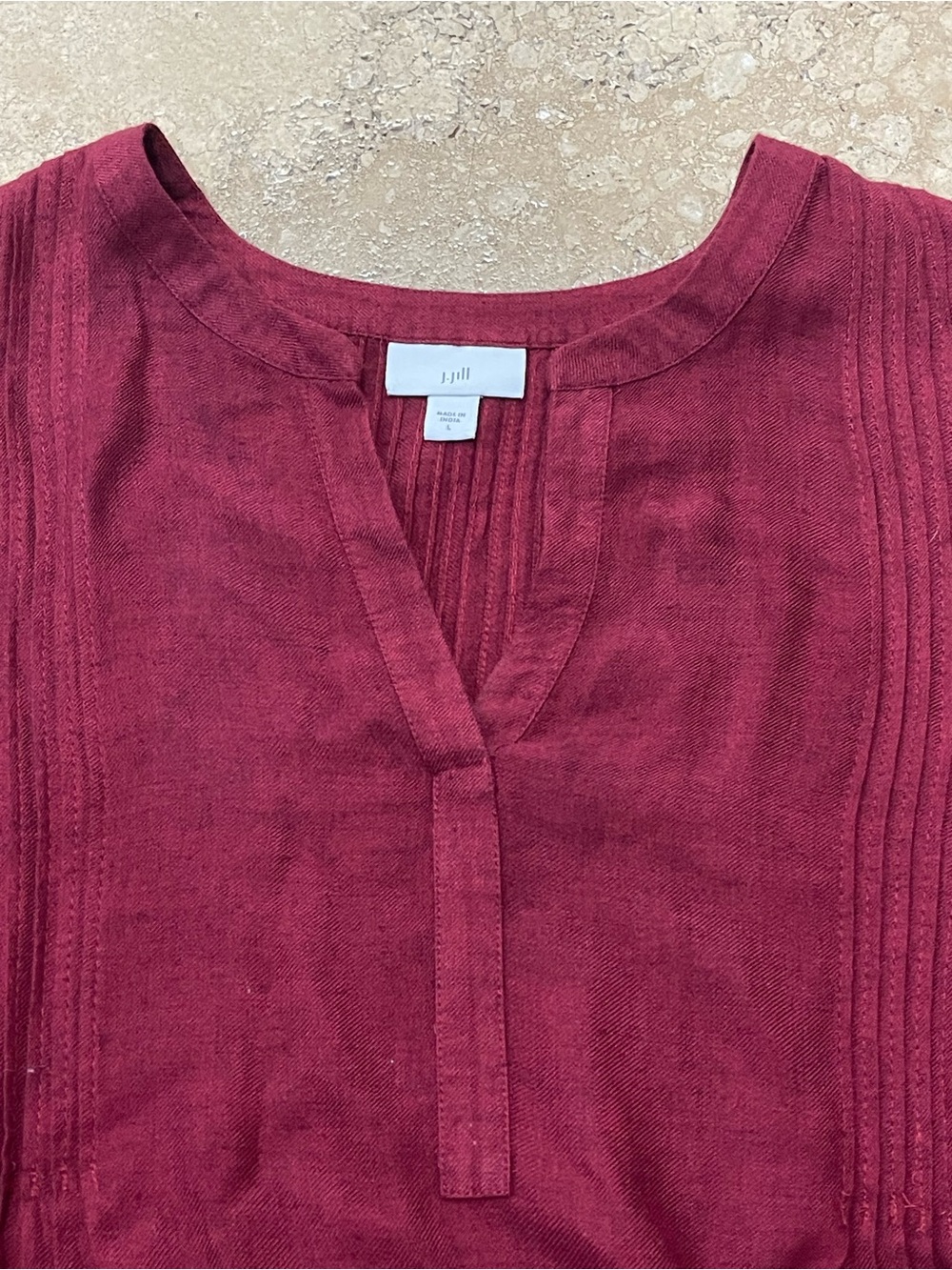 J Jill Women’s Burgundy Split V-Neck Pintuck Pleated Tunic Dress Sz. M Relax Fit